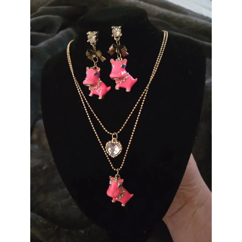 Vintage Pink Enamel hippo Betsey Johnson necklace/earrings set